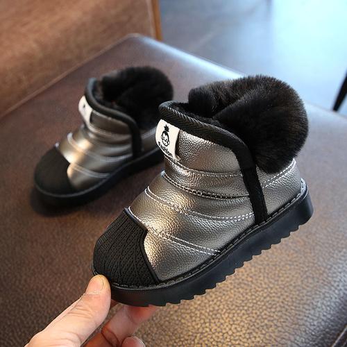 冬季新款儿童雪地靴男童短靴加绒通用女童冬鞋子皮面圆头宝宝棉靴
